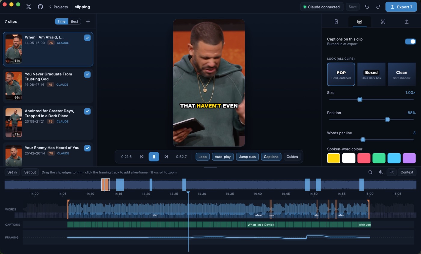 The captions panel with style, size, position and highlight controls