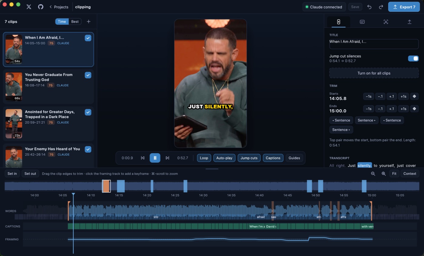 The OpenClip editor: a vertical 9:16 preview, the list of suggested clips and a timeline with waveform, words and captions