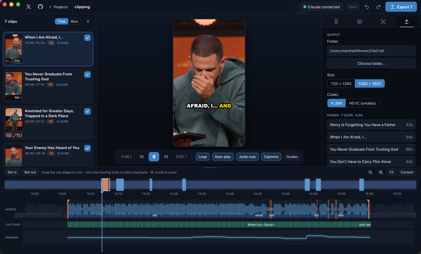 The export tab with resolution, codec and the ticked clips
