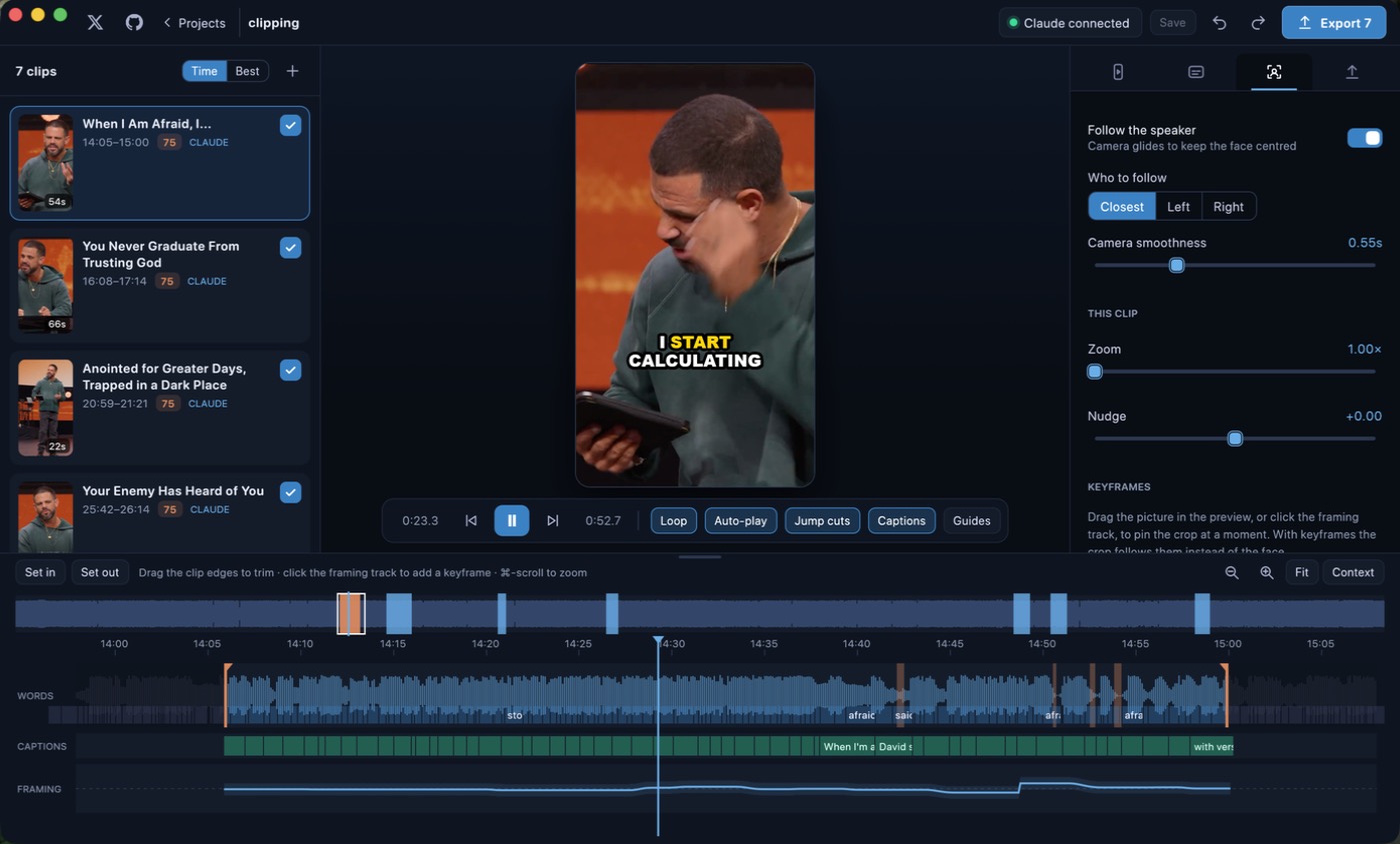 The framing panel with follow target, zoom and keyframe controls over a 9:16 preview